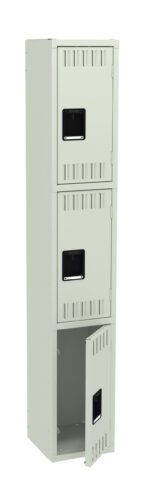 A tall metal storage locker with three compartments, each having its own door and handle. The bottom door is open, revealing the empty interior. The locker is painted in a light gray color.