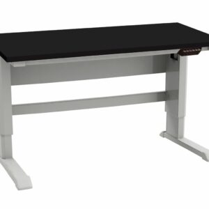 A black rectangular desk with a white adjustable frame and sturdy legs is expertly crafted for optimal ergonomics, ideal for lab design on a white background.