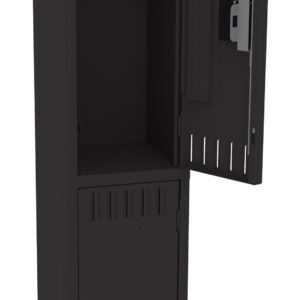 A tall, black metal locker with two compartments. The top compartment door is open, showing an empty interior, while the lower compartment is closed. The locker has ventilation slots and a handle on the lower door.