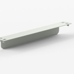A long, flat, light gray plastic cable management tray with a curved bottom and flanges on each end for mounting. The tray is displayed at an angle against a plain white background.