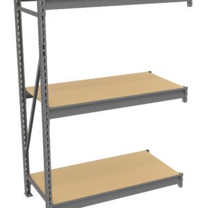 A three-tier metal shelving unit with beige shelves. The shelves are evenly spaced, with a sturdy frame and a support bar on one side. The design is industrial, suitable for storage or organization. The background is plain white.