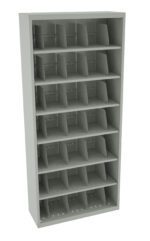 A tall, gray metal storage rack with multiple adjustable shelves and vertical dividers, designed for organizing items like cardboard or paper. The unit has eight levels, each with several sections for efficient storage.