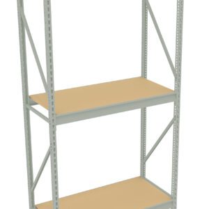 A metal shelving unit with three wooden shelves, set against a white background. The unit has vertical beams with evenly spaced holes for adjustable shelf heights. The design appears sturdy and industrial.