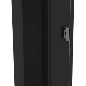 A tall, black metal locker with an open door, revealing an empty interior. The locker stands on four legs and has a lock on the door.