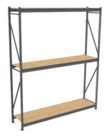 A three-tiered metal shelving unit with wooden shelves. The frame is gray metal, with two horizontal beams supporting each shelf. The unit is empty and stands on a white background.