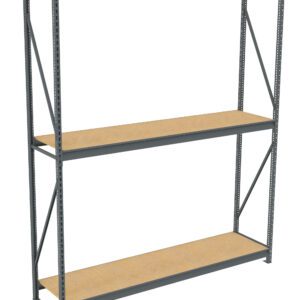 A three-tiered metal shelving unit with wooden shelves. The frame is gray metal, with two horizontal beams supporting each shelf. The unit is empty and stands on a white background.