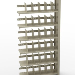A beige industrial shelving unit with six adjustable shelves, each divided into multiple compartments by metal dividers, standing against a white background.