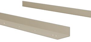 Two metal L-shaped brackets are shown, one in the foreground and the other slightly behind. They are beige in color, with evenly spaced holes for mounting, resting on a plain white background.