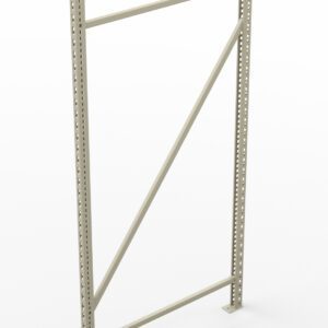 A metal shelving frame with two vertical beams, a diagonal support bar, and multiple holes for shelving adjustment, standing on a white background.