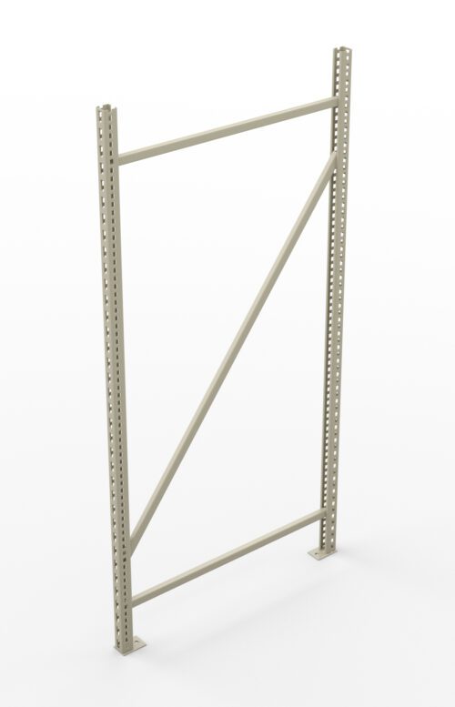 A metal shelving frame with two vertical beams, a diagonal support bar, and multiple holes for shelving adjustment, standing on a white background.