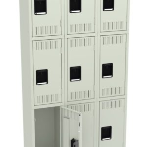 A white metal locker unit with nine compartments is shown. One locker door is open, revealing an empty interior. Each locker has a black rectangular handle and ventilation slots. The unit stands on four metal legs.