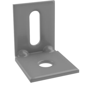 A gray metal L-bracket with two holes: one circular hole on the base and an elongated oval hole on the upright section. The bracket is used for securing objects at a right angle.