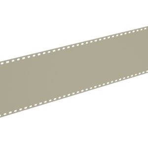 A long strip of blank film with evenly spaced perforations along the top and bottom edges. The film is laid out flat against a neutral background.