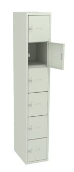 A tall, light grey metal locker with six compartments is shown. The top compartment is open while the rest remain closed. Each compartment has a small lock and handle.