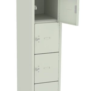 A tall, light grey metal locker with six compartments is shown. The top compartment is open while the rest remain closed. Each compartment has a small lock and handle.