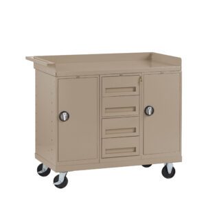 A tan metal utility cart with four wheels. It has two side cabinets with handles, each with a vertical door, and a central section with three horizontal drawers. The top has a raised edge.