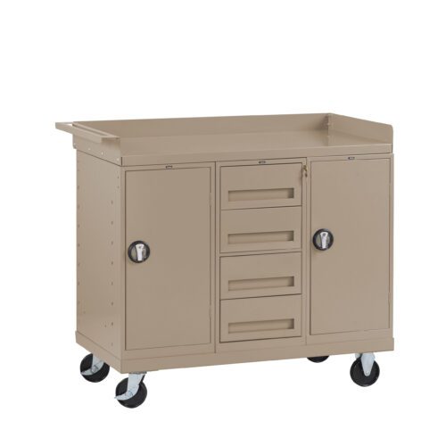 A tan metal utility cart with four wheels. It has two side cabinets with handles, each with a vertical door, and a central section with three horizontal drawers. The top has a raised edge.