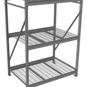 Industrial metal storage rack with three shelves and a sturdy frame. The shelves consist of metal grating for durability. The design is utilitarian, suitable for organizing and storing heavy items.