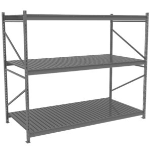 A gray metal shelving unit with three tiers is shown. The shelves are sturdy, slatted, and evenly spaced, supported by vertical beams with bracing on the sides for stability, suitable for heavy-duty storage.