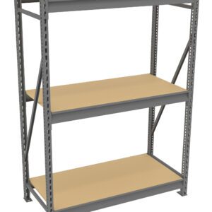 A metal storage rack with three wooden shelves. The frame is grey with support beams and crossbars on the sides and back, providing stability. The shelves are evenly spaced, designed for holding various items.
