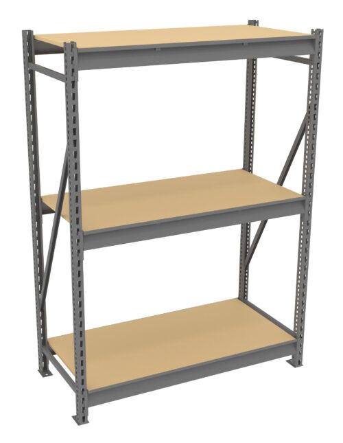 A metal storage rack with three wooden shelves. The frame is grey with support beams and crossbars on the sides and back, providing stability. The shelves are evenly spaced, designed for holding various items.