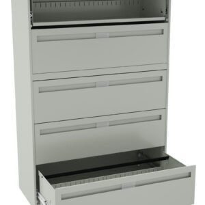 A light gray metal filing cabinet with four large drawers, three closed and one open at the bottom. The top section is also open, revealing an empty compartment. The cabinet is set against a plain white background.