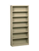 A tall, light green metal bookshelf with six adjustable shelves. The frame is simple and has a smooth finish, suitable for organizing books, files, or office supplies. The shelves are evenly spaced and the unit stands upright against a plain background.