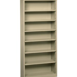 A tall, light green metal bookshelf with six adjustable shelves. The frame is simple and has a smooth finish, suitable for organizing books, files, or office supplies. The shelves are evenly spaced and the unit stands upright against a plain background.