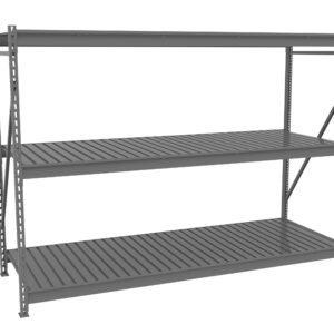 A large, industrial metal shelving unit with three slatted shelves. The structure is gray and features a sturdy, open-frame design suitable for heavy-duty storage in warehouses or garages.