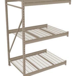 A beige metal shelving unit with three grid shelves and side supports. The top shelf is solid and wider. The unit is designed for storage and organization in industrial or garage settings.
