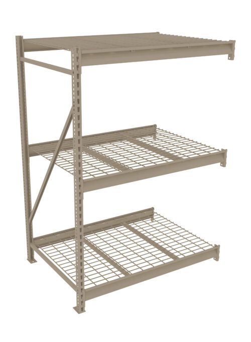 A beige metal shelving unit with three grid shelves and side supports. The top shelf is solid and wider. The unit is designed for storage and organization in industrial or garage settings.