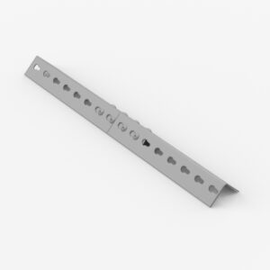 A long, angled metal bracket with multiple evenly spaced holes along its surface, resting on a white background.