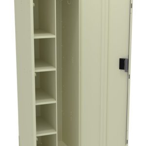 Beige metal locker with five shelves on the left side and an empty compartment with a hanging bar on the right. The locker door is open, revealing a rectangular handle.