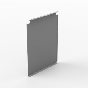 A dark gray, rectangular metal sheet stands vertically against a white background. The sheet has slightly extended edges at the top and bottom. The minimalistic design casts a subtle shadow to the right.