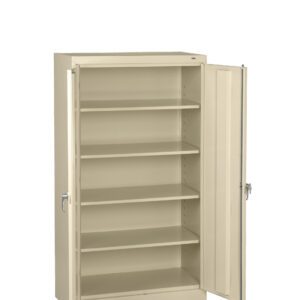 A beige metal storage cabinet with open double doors, revealing four adjustable shelves. The cabinet is empty and designed for organizing various items in an office or workshop setting.