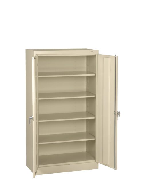 A beige metal storage cabinet with open double doors, revealing four adjustable shelves. The cabinet is empty and designed for organizing various items in an office or workshop setting.