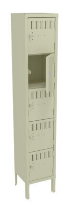 A tall metal locker with five compartments. The locker is a light beige color, and the second compartment door is open, while the others are closed. Each compartment has a small vent and a lock. The locker stands on four legs.