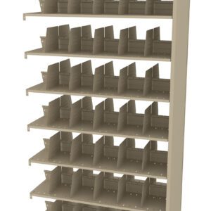 A beige shelving unit with five rows, each featuring multiple divided compartments. The shelves have vertical and horizontal separators, providing organized storage spaces. The unit is made of a smooth, solid material and is empty.