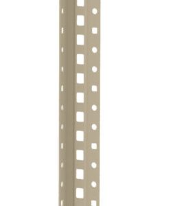 A tall, vertical metal strip with evenly spaced rectangular perforations along the length, resembling a slotted angle or hardware component, set against a white background.