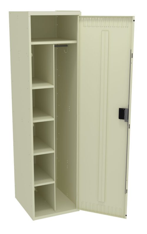 nb0dcuobvxvu1dex3frd.jpg A beige metal storage cabinet with an open door. The interior includes five shelves on the left and an open vertical space with a rod for hanging items on the right. The cabinet has a handle and lock on the door.