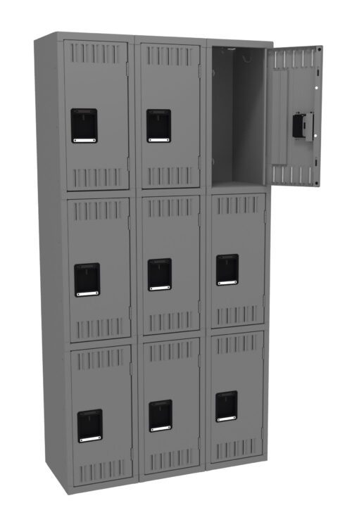 A set of nine gray metal lockers arranged in a 3x3 grid. One locker door is open, revealing an empty compartment. Each locker has a black handle and vented slots for ventilation.