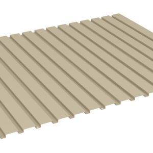 A beige corrugated metal roofing sheet is displayed against a white background. The sheet has evenly spaced ridges running vertically, giving it a wavy texture.