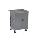 A gray, wheeled metal cart with multiple small drawers on the left and a lockable cabinet on the right. The top is flat and has raised edges. The cart is designed for storage and organization.