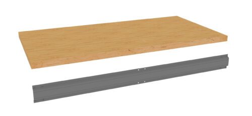 A wooden plank floating above a gray metal bracket, both isolated on a white background. The plank has a light wood grain texture, and the metal bracket features punched holes.