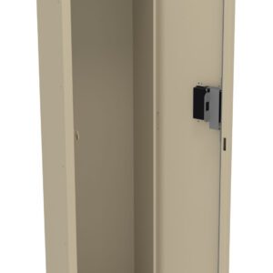 An open beige metal locker with a single door, showcasing an empty interior. The locker has a latch for locking and ventilation slots on the door. It stands on four short legs.