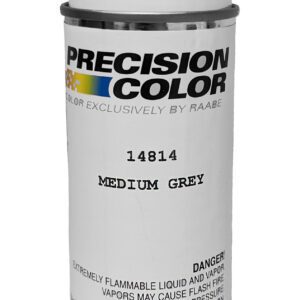 A spray paint can labeled Precision Color with Medium Grey and the number 14814. The can features warnings about the flammable nature of the contents and potential hazards. The net weight is 4.5 oz/127.6 g.