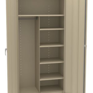 An open beige metal storage cabinet with two doors. Inside, it features a hanging rod on the left and five adjustable shelves on the right for organizing items.