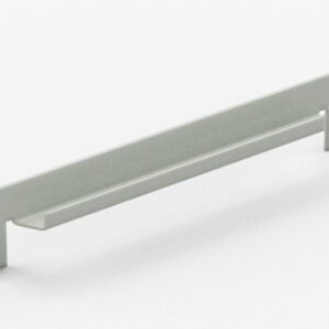 A metal bracket or handle with two flat ends, each featuring two circular holes, possibly for mounting. The bracket is light gray and appears to be made of steel or aluminum. Its set against a white background.