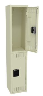 Tall beige metal locker with a top compartment door open, revealing empty interior space. The bottom compartment is closed. Both compartments have ventilation slots and black handles.