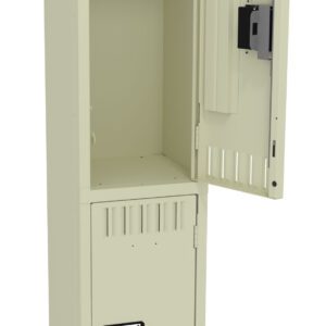 Tall beige metal locker with a top compartment door open, revealing empty interior space. The bottom compartment is closed. Both compartments have ventilation slots and black handles.